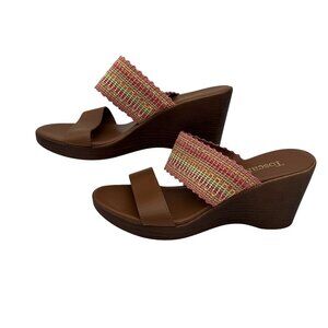 Toscanella Womens Slip-On Wedge Sandals Size 8.5 Brown Multi Fabric Faux Leather